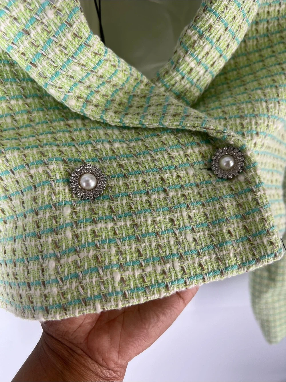 ZARA NWT Green Tweed Cropped Blazer Pearl Buttons Size XS